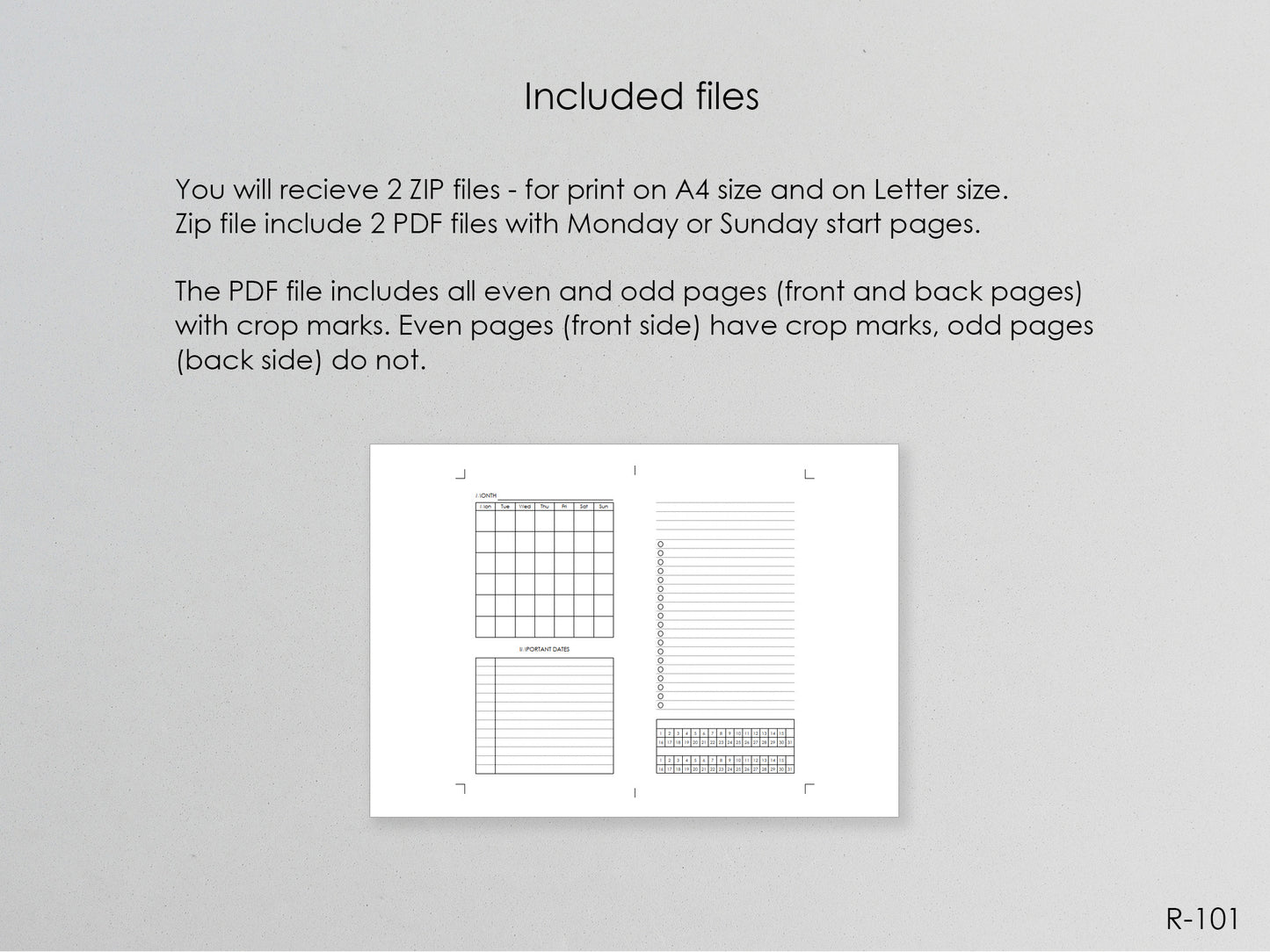 Printable Monthly Pages (Personal size) - Digital Inserts R-101