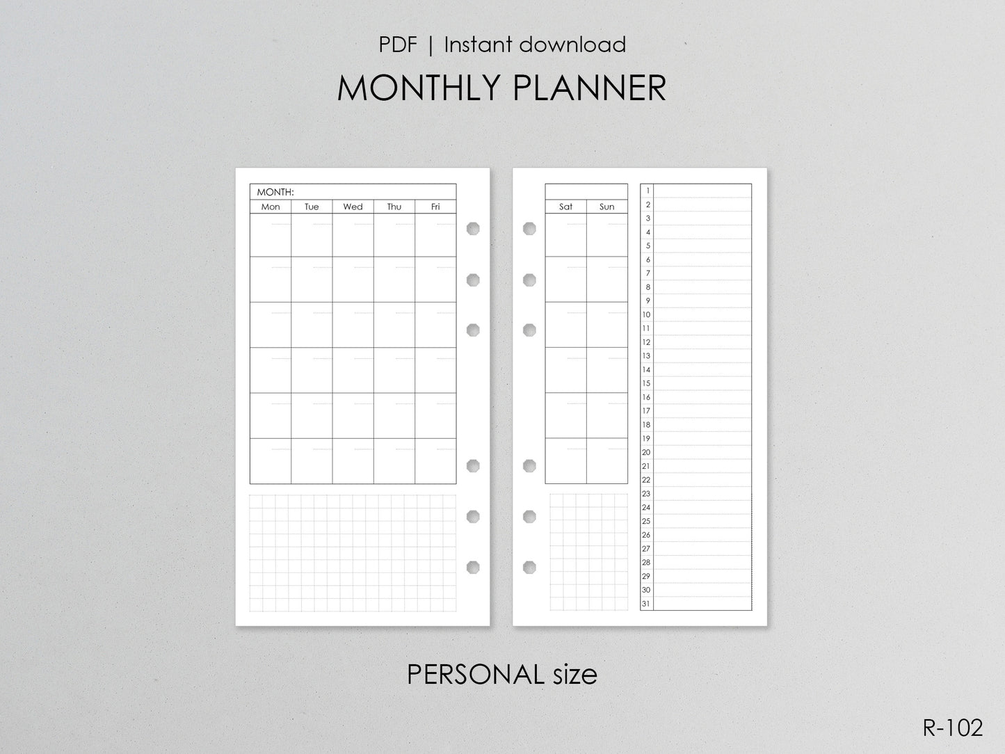 Printable Monthly Pages (Personal size) - Digital Inserts R-102