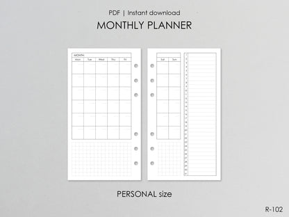 Printable Monthly Pages (Personal size) - Digital Inserts R-102