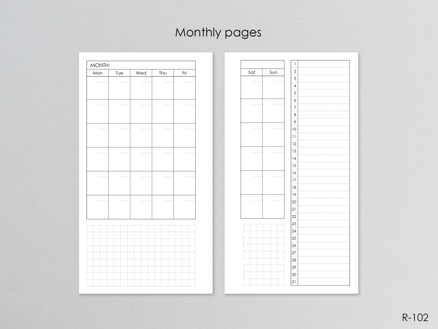 Printable Monthly Pages (Personal size) - Digital Inserts R-102