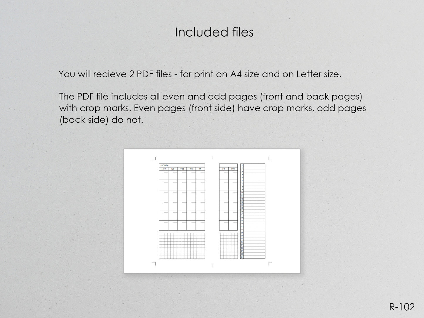 Printable Monthly Pages (Personal size) - Digital Inserts R-102