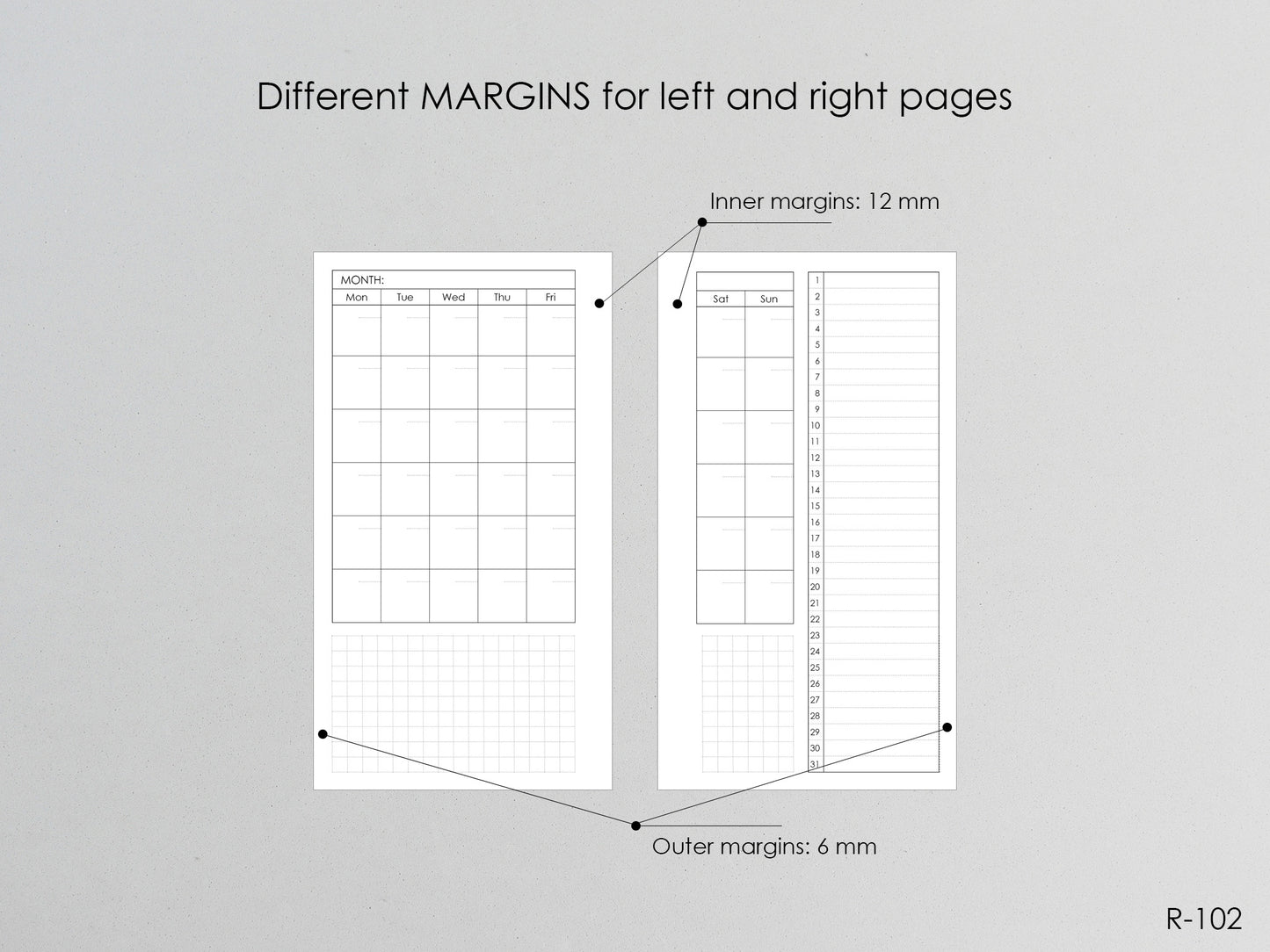Printable Monthly Pages (Personal size) - Digital Inserts R-102