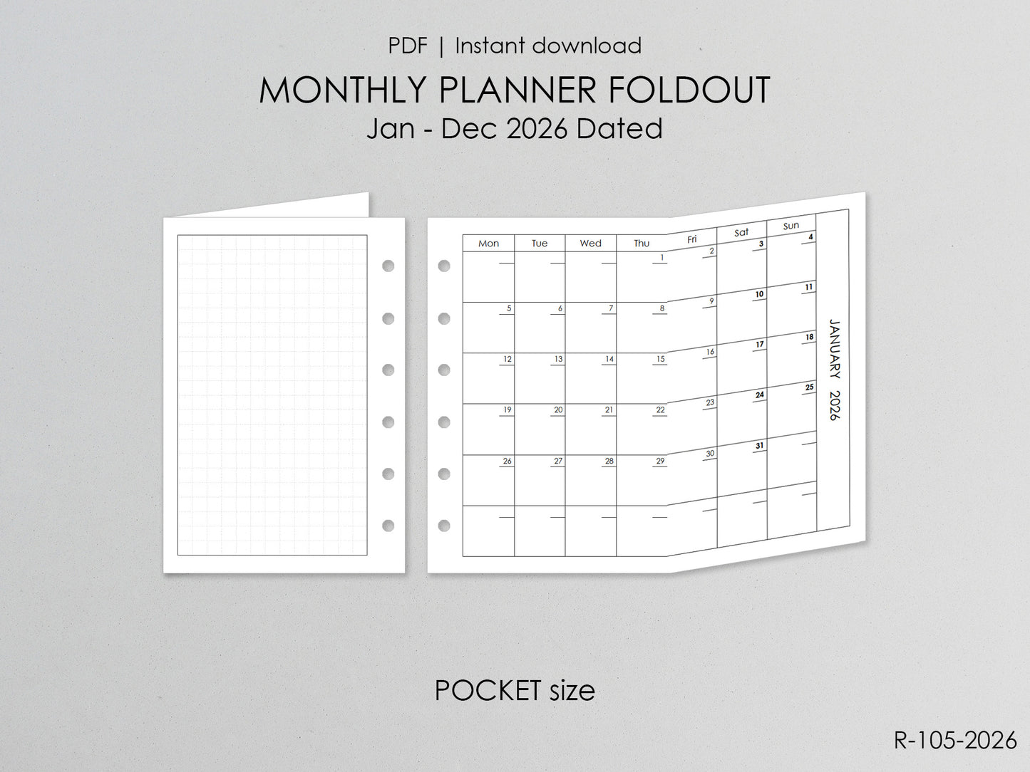 Printable 2026 Fold Out Monthly Pages (Pocket Size) - Digital Inserts R-105d