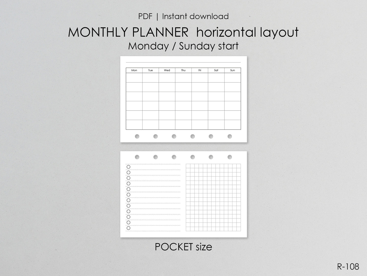 Printable Horizontal Montly Pages (Pocket size) - Digital Inserts R-108