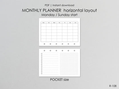 Printable Horizontal Montly Pages (Pocket size) - Digital Inserts R-108