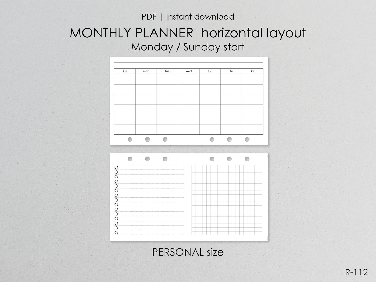 Printable Horizontal Monthly Pages (Personal size) - Digital Inserts R-112