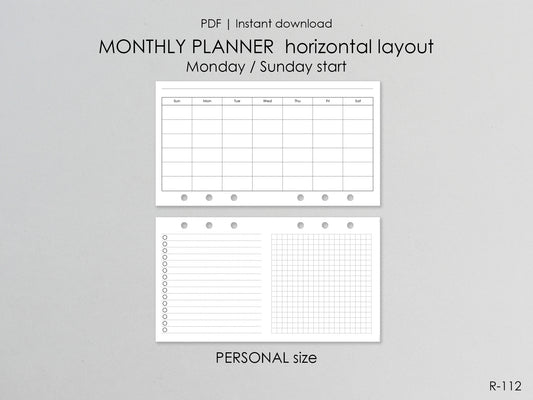 Printable Horizontal Monthly Pages (Personal size) - Digital Inserts R-112