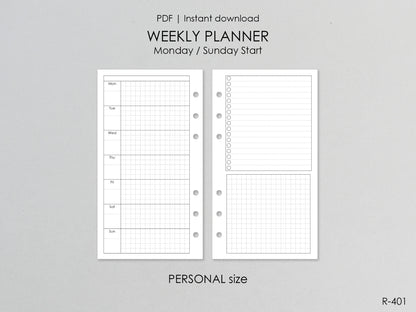 Printable Weekly Pages (Personal size) - Digital Inserts R-401