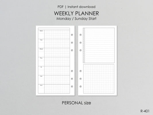 Printable Weekly Pages (Personal size) - Digital Inserts R-401