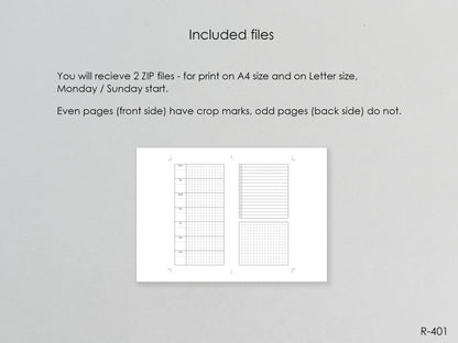 Printable Weekly Pages (Personal size) - Digital Inserts R-401