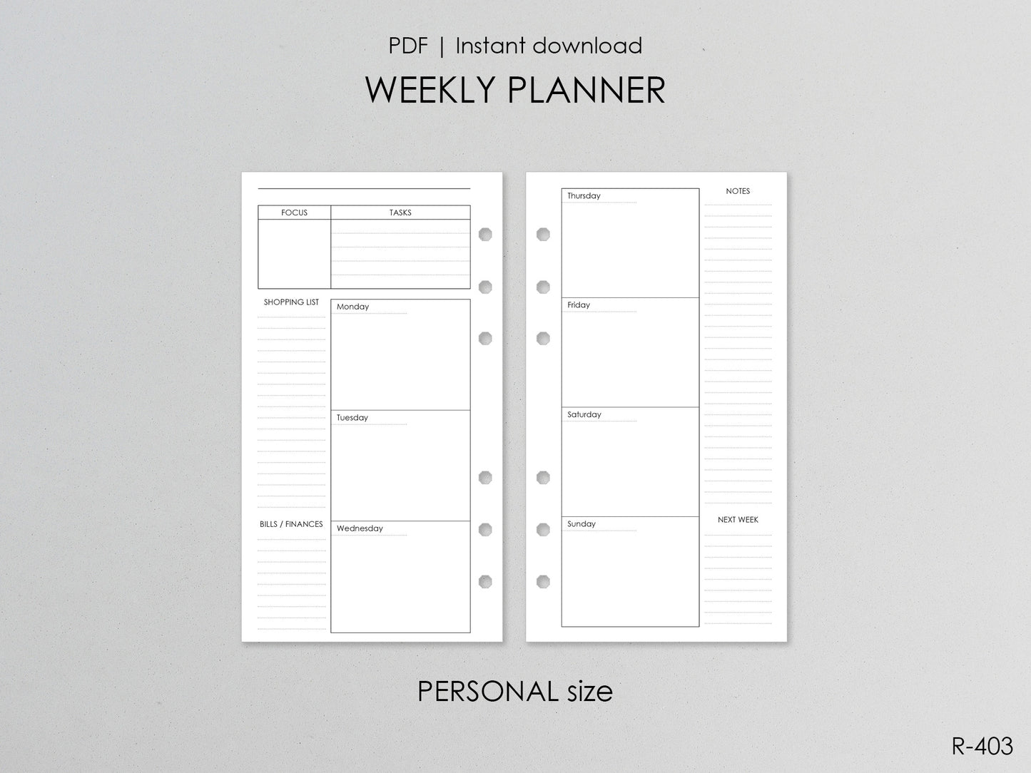 Printable Weekly Pages (Personal size) - Digital Inserts R-403
