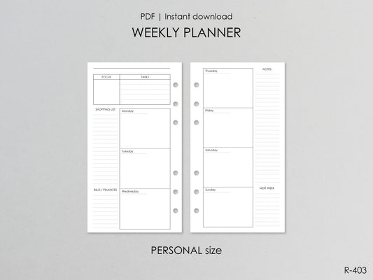 Printable Weekly Pages (Personal size) - Digital Inserts R-403