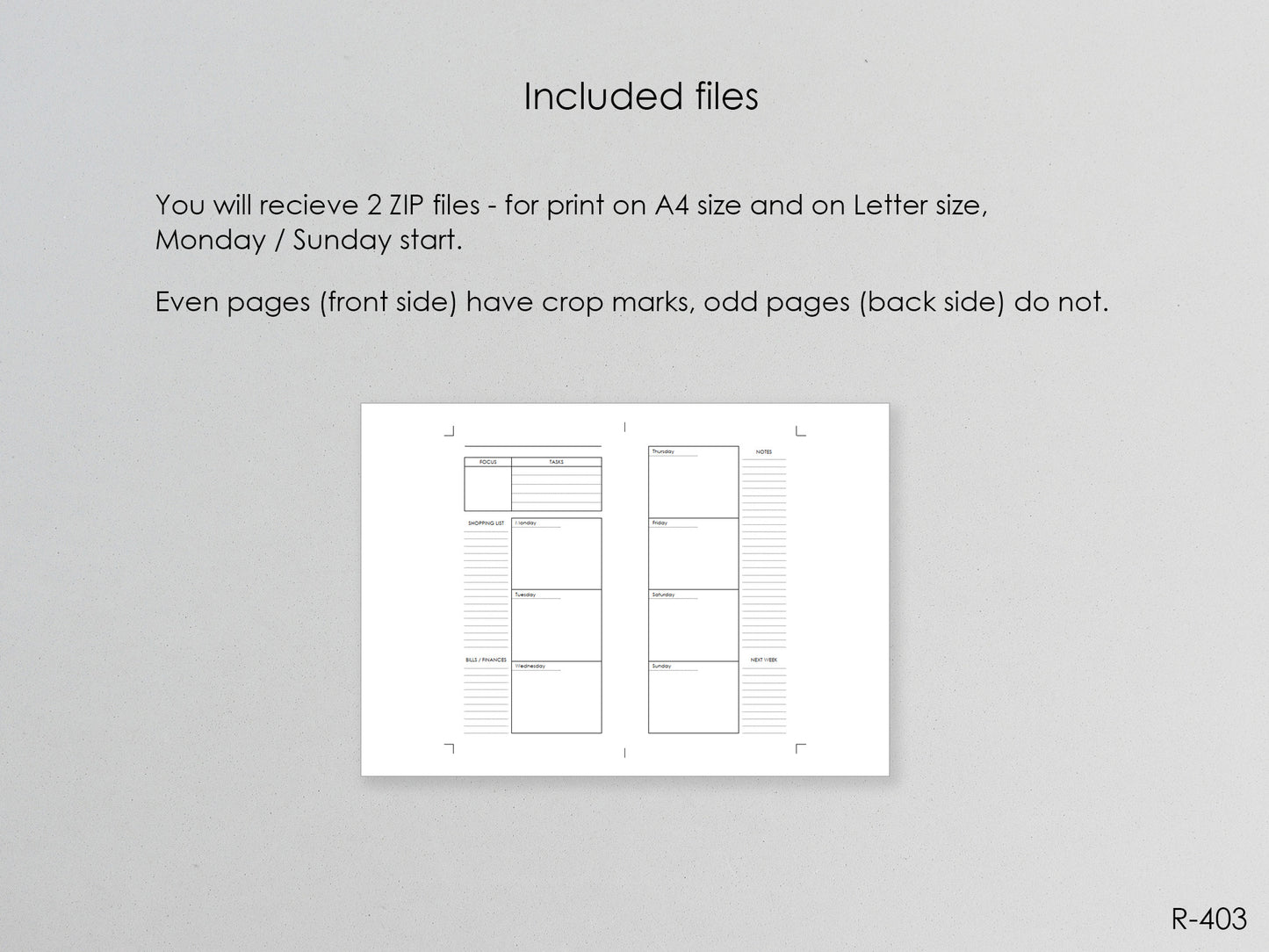 Printable Weekly Pages (Personal size) - Digital Inserts R-403