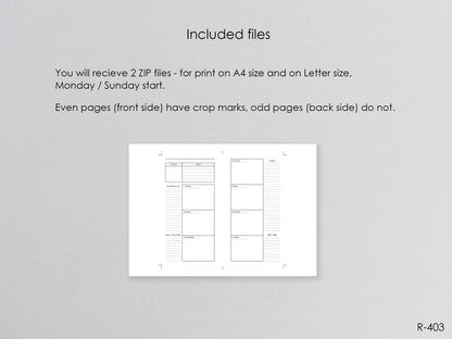 Printable Weekly Pages (Personal size) - Digital Inserts R-403