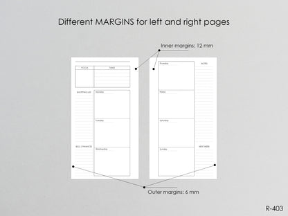 Printable Weekly Pages (Personal size) - Digital Inserts R-403