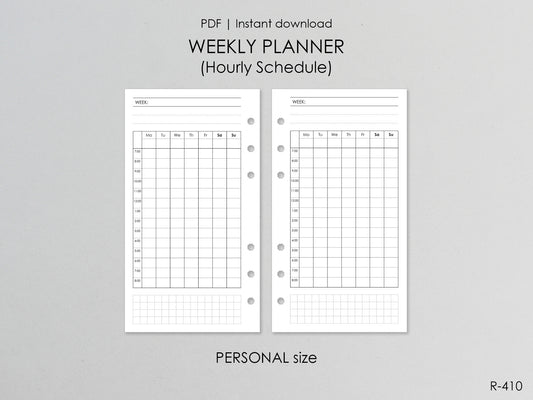 Printable Weekly Hourly Pages (Personal size) - Digital Inserts R-410