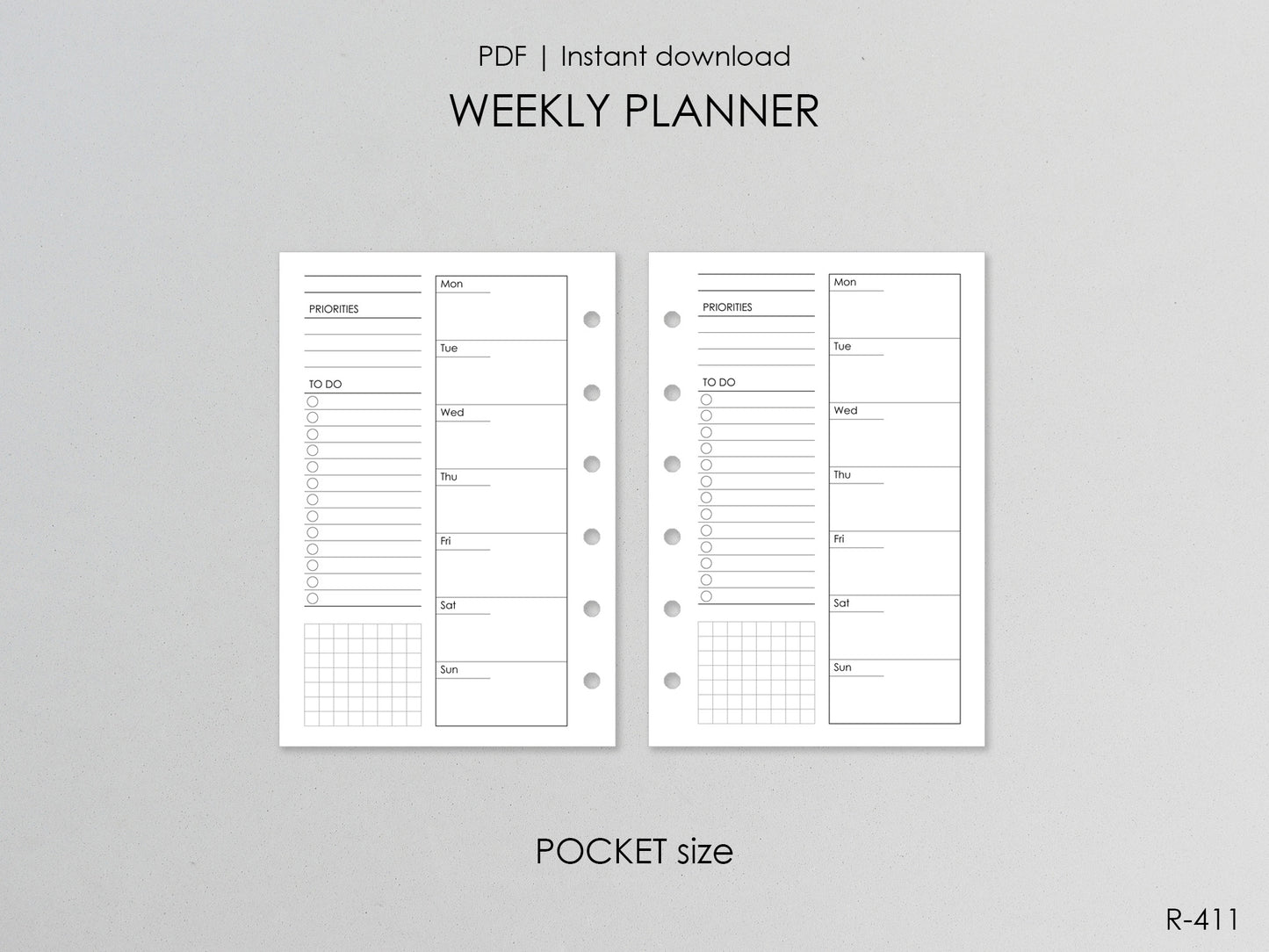 Printable Weekly Pages WO1P (Pocket Size) - Digital Inserts R-411