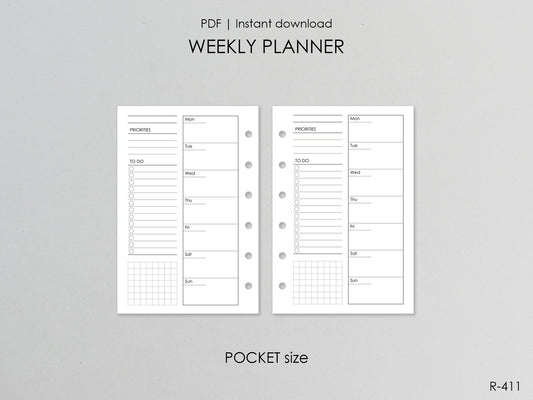 Printable Weekly Pages WO1P (Pocket Size) - Digital Inserts R-411