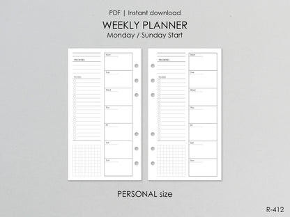 Printable Weekly Pages Monday or Sunday Start (Personal size) - Digital Inserts R-412
