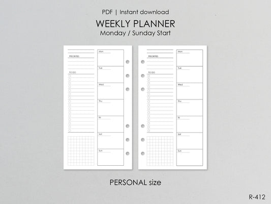 Printable Weekly Pages Monday or Sunday Start (Personal size) - Digital Inserts R-412