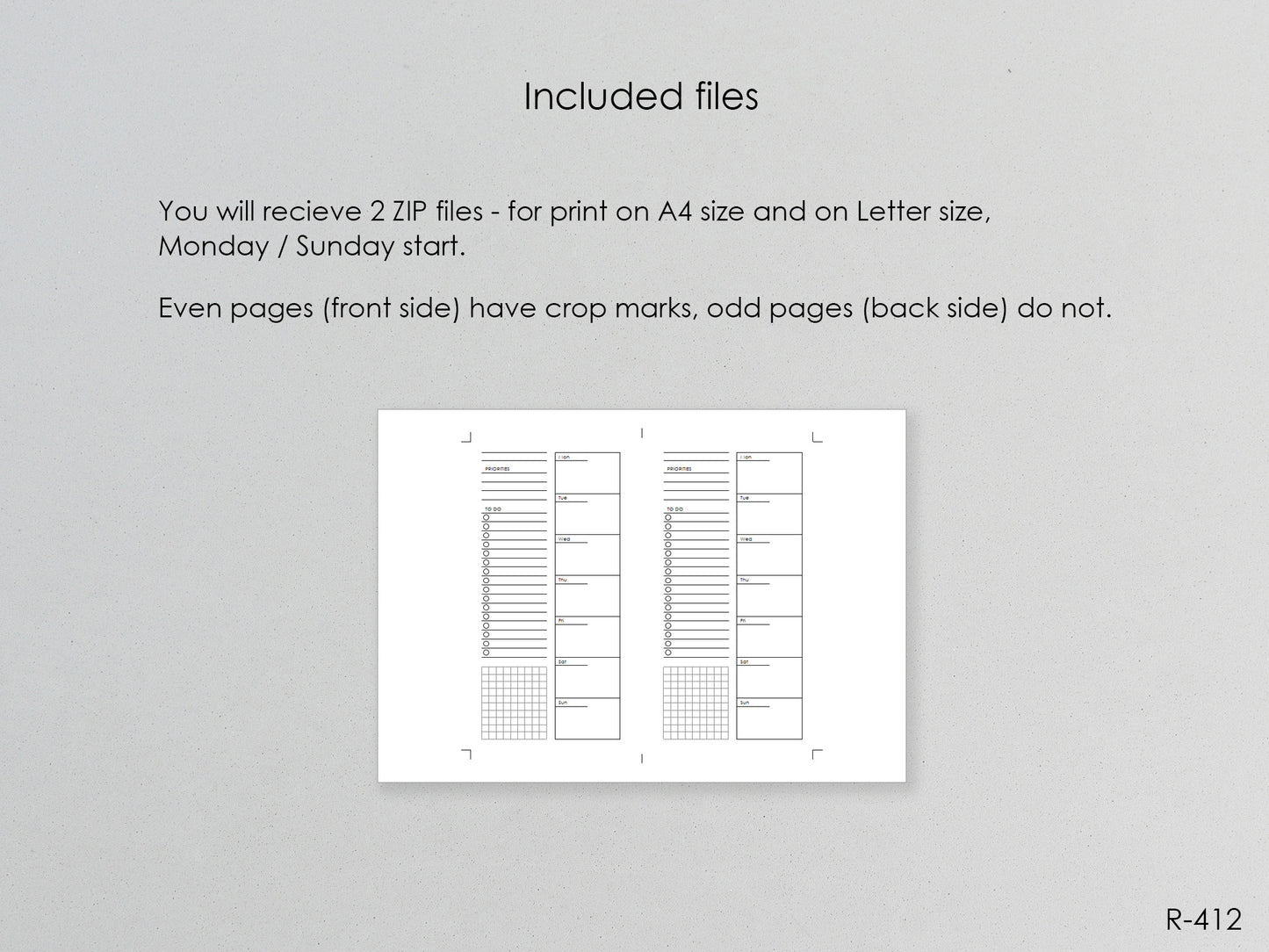 Printable Weekly Pages Monday or Sunday Start (Personal size) - Digital Inserts R-412