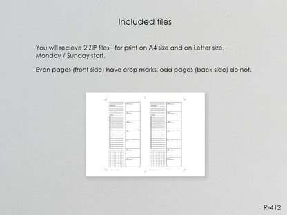 Printable Weekly Pages Monday or Sunday Start (Personal size) - Digital Inserts R-412