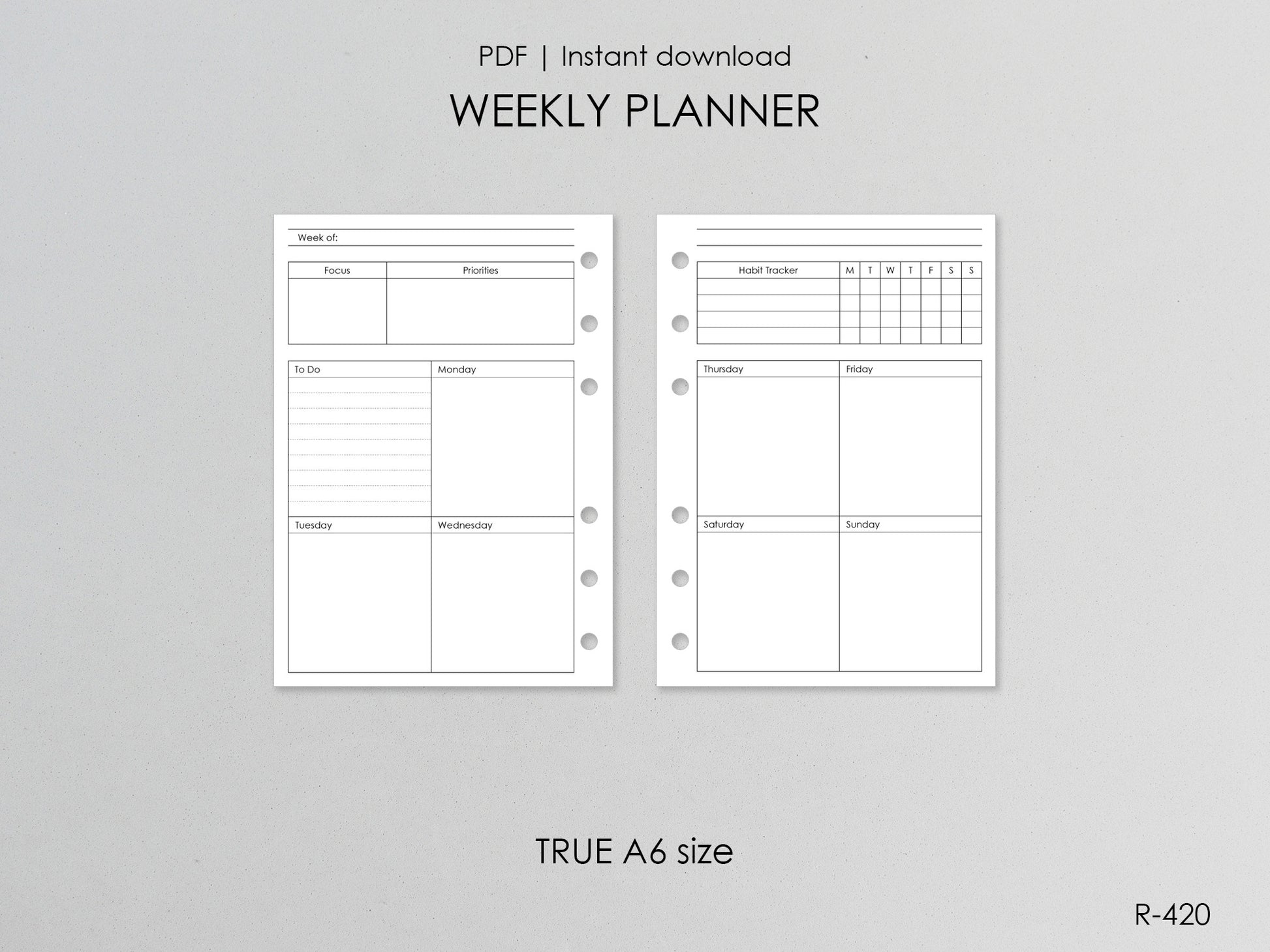 Printable true A6 weekly pages
