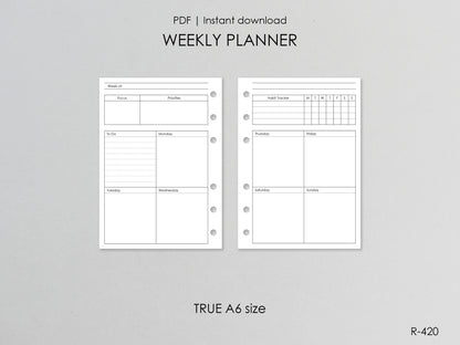Printable true A6 weekly pages