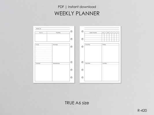 Printable true A6 weekly pages
