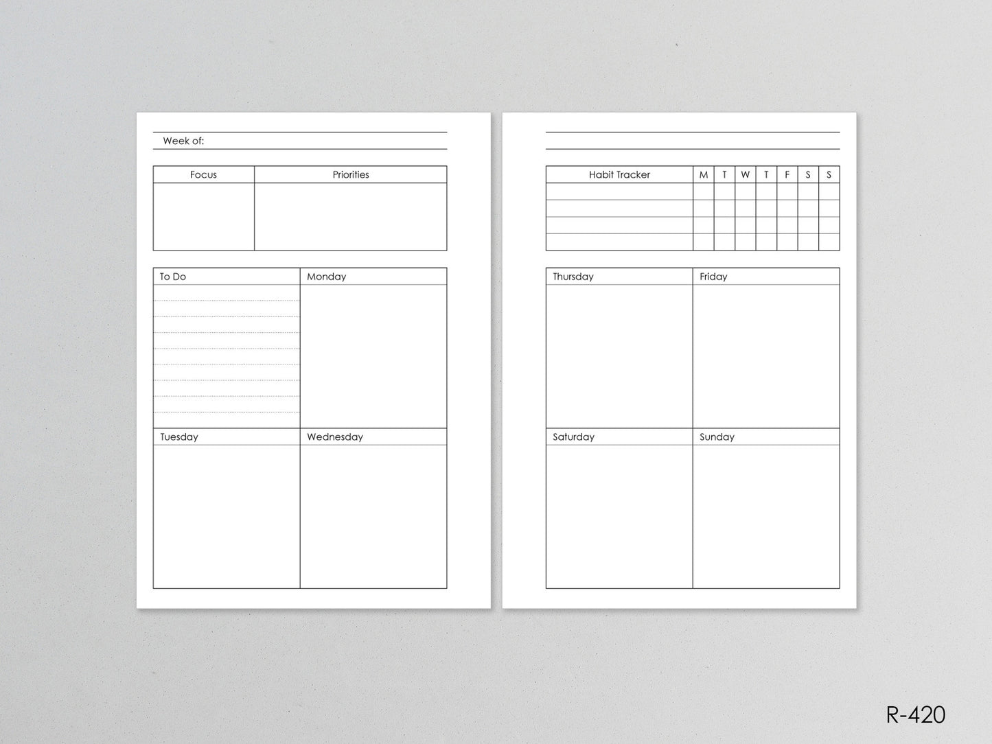 Weekly inserts A6 size. Focus, priorities, to do, habit tracker