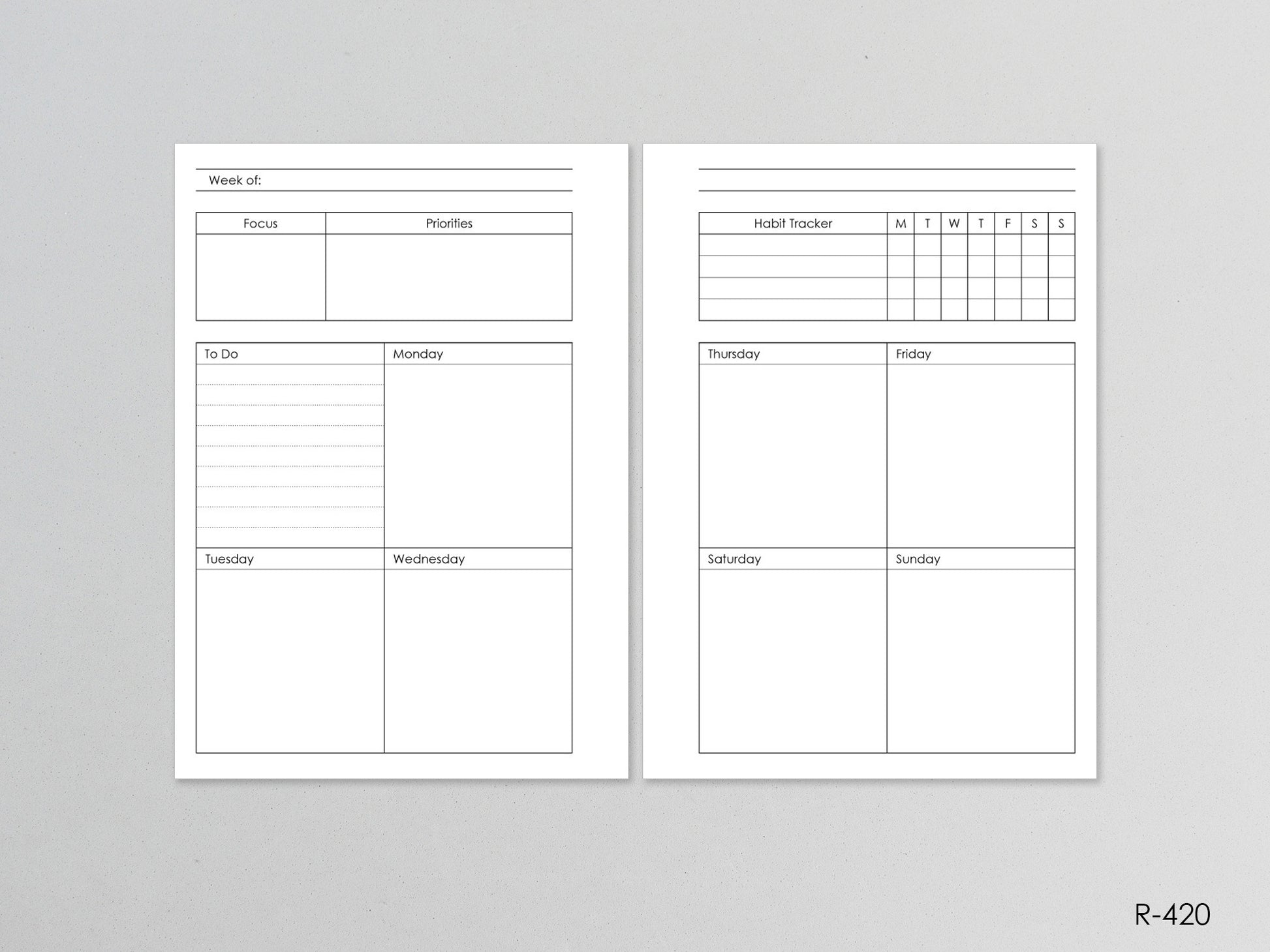 Weekly inserts A6 size. Focus, priorities, to do, habit tracker