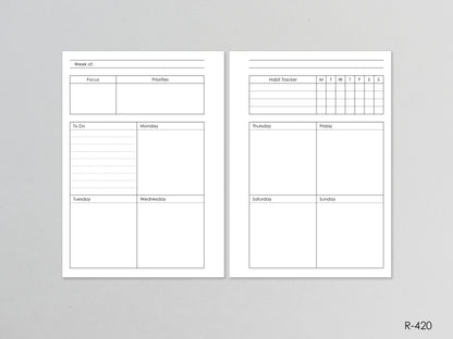 Weekly inserts A6 size. Focus, priorities, to do, habit tracker