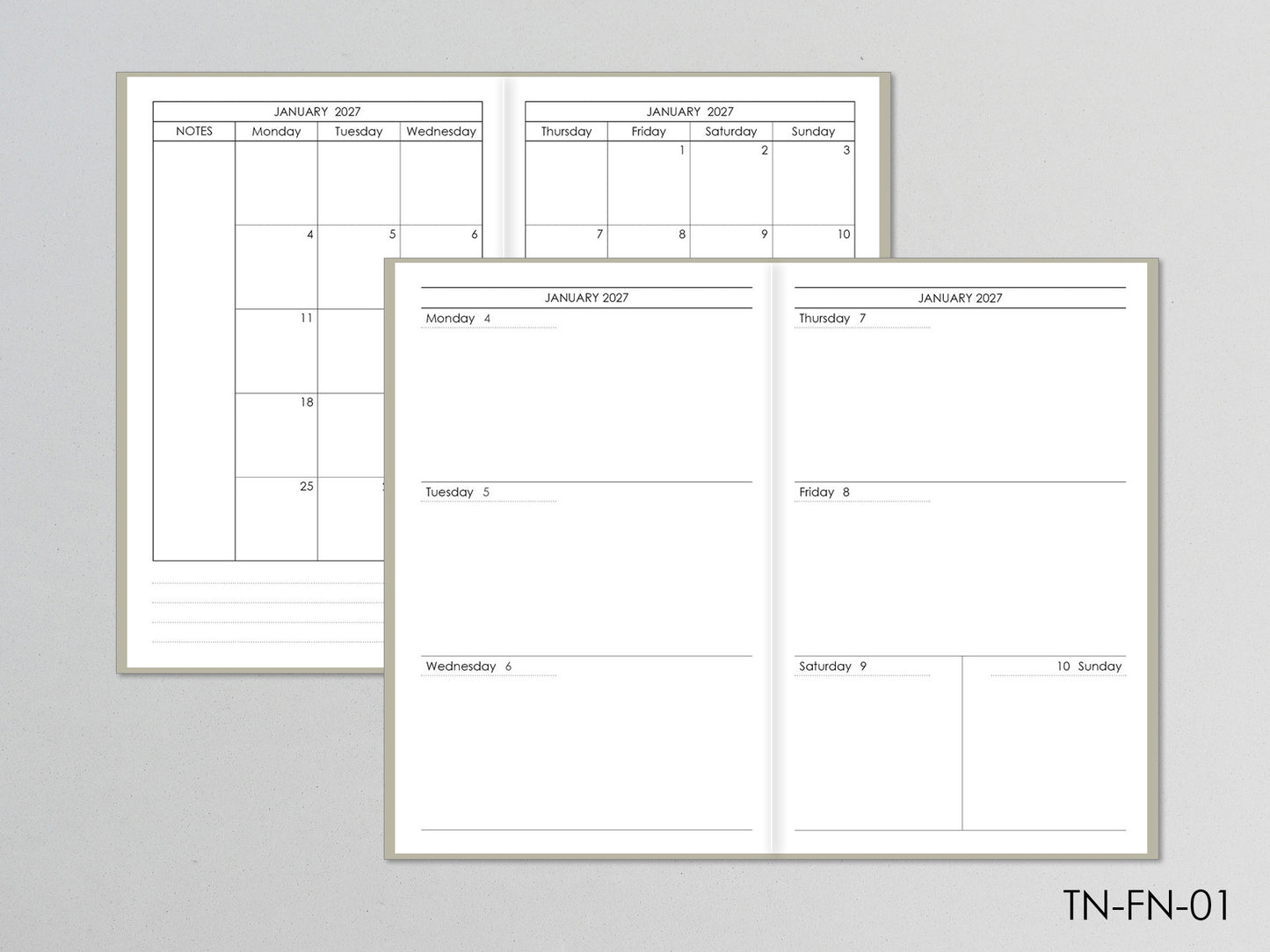 Traveler's Notebook Inserts - Monthly Weekly Refill (Field Notes Size) / TN-FN-01