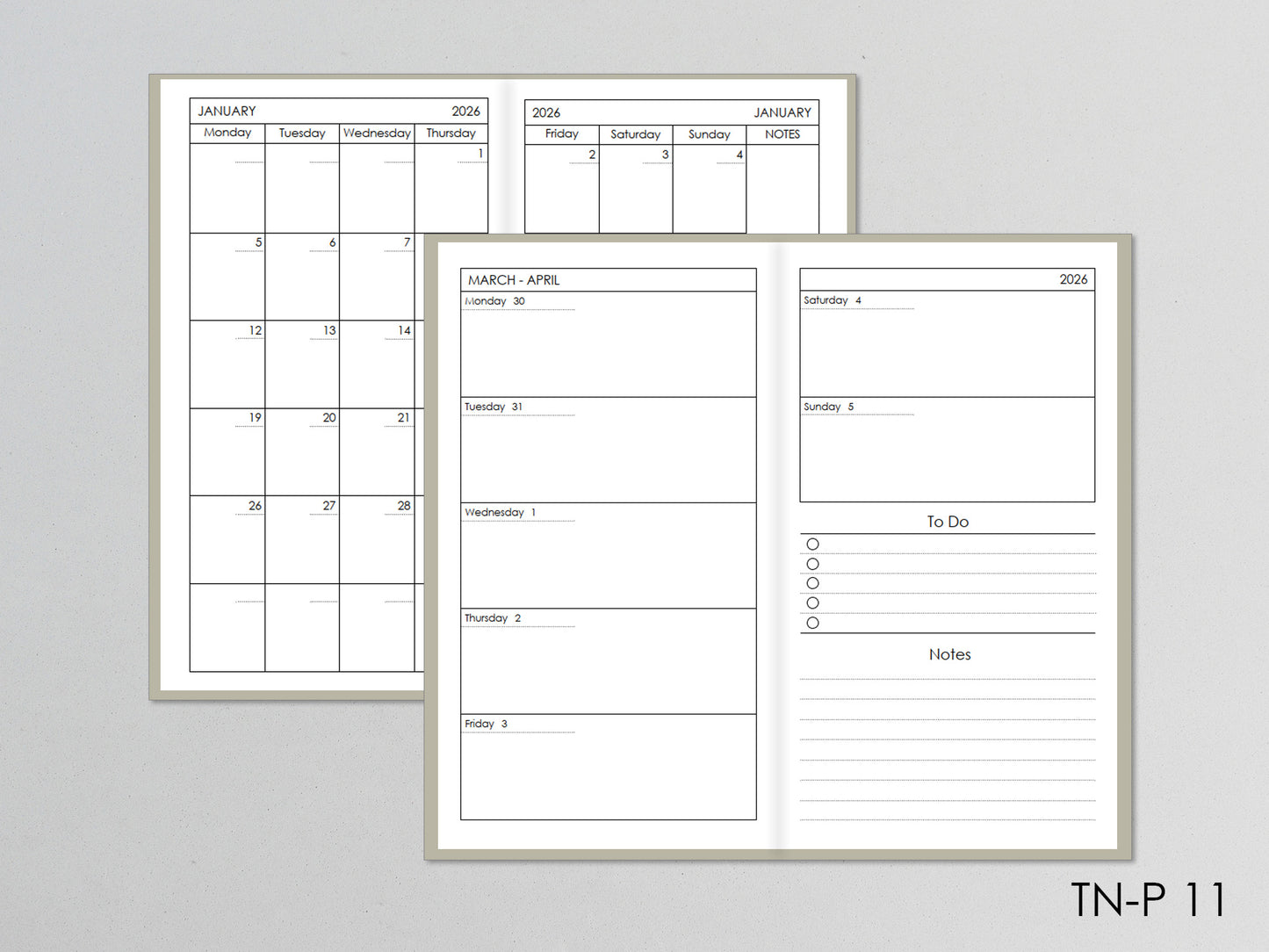 Travelers Notebook Planner Inserts - Monthly and Weekly (Personal size) / TN-P-11