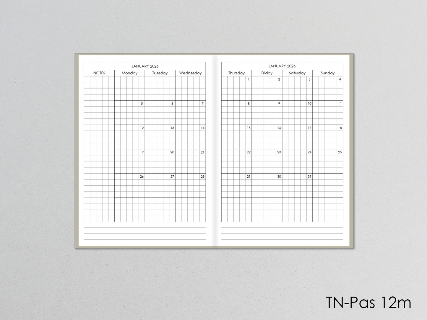 Monthly Planner Insert - Traveler's Notebook (Passport Size) TN-Pas12m