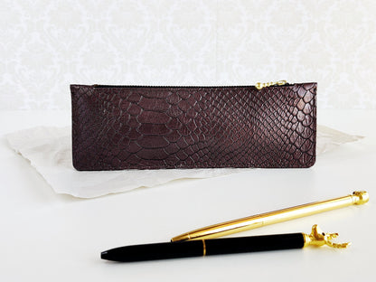 Purple leather pen case with zipper