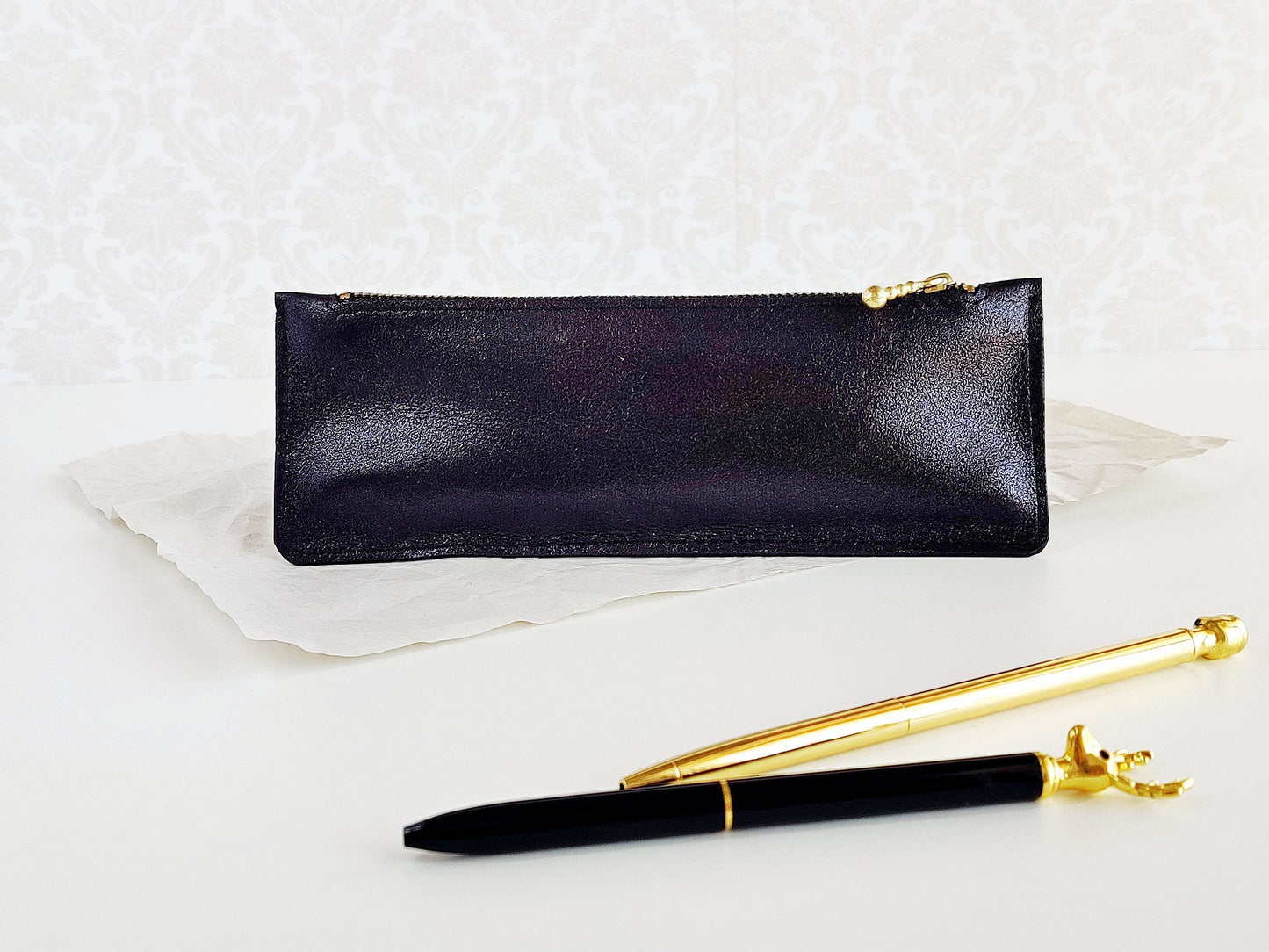 Black leather pen case with zipper