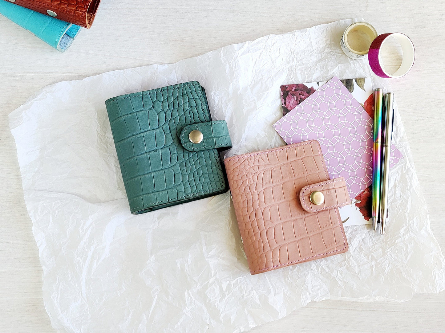 A9 notebooks, croc leather, pink, turquoise colors