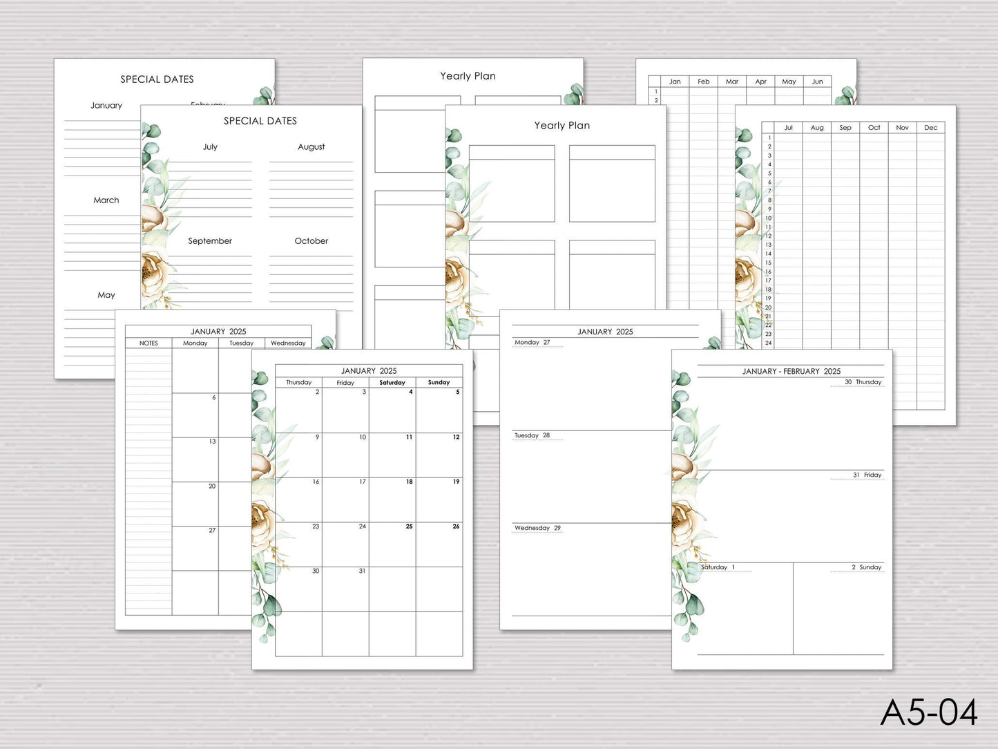 Monthly, Weekly Planner Inserts - Ring Binder Refill Bundle (A5 Size) / A5-04