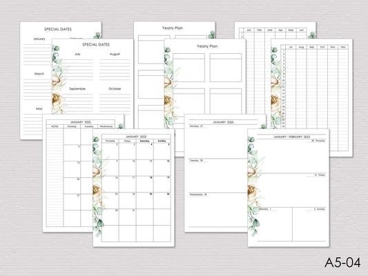 Monthly, Weekly Planner Inserts - Ring Binder Refill Bundle (A5 Size)