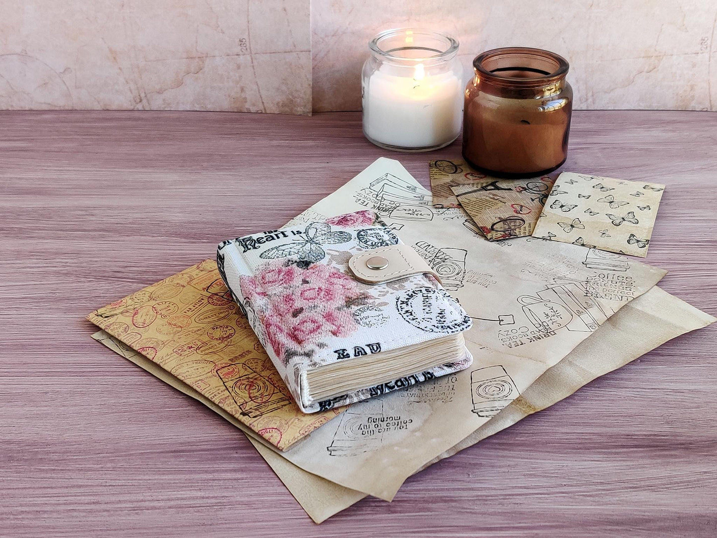 Small vintage-styled fabric notebook (A7 size)