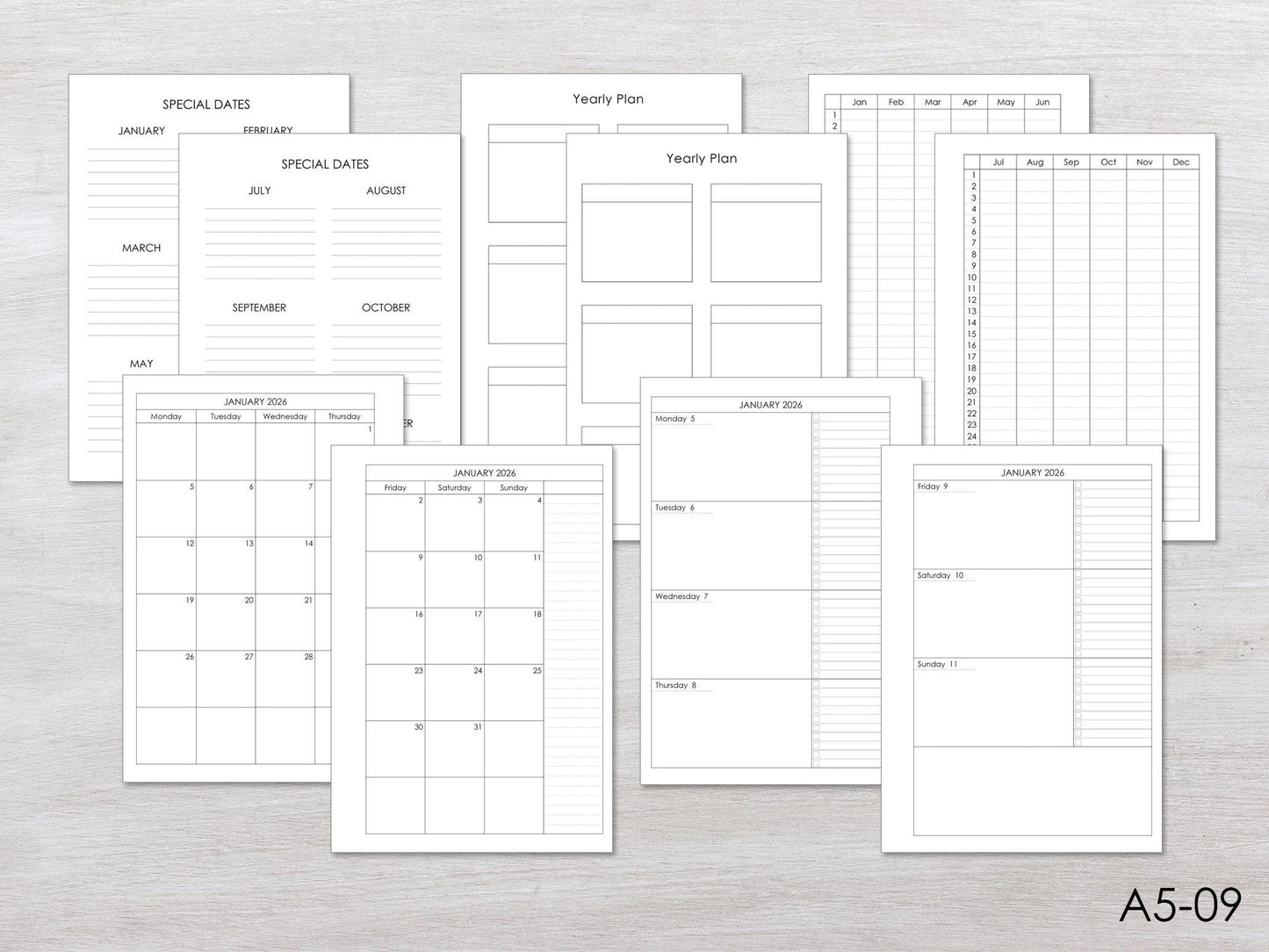 Planner Inserts Monthly Weekly - Ring Binder Refill (A5 Size) / A5-09