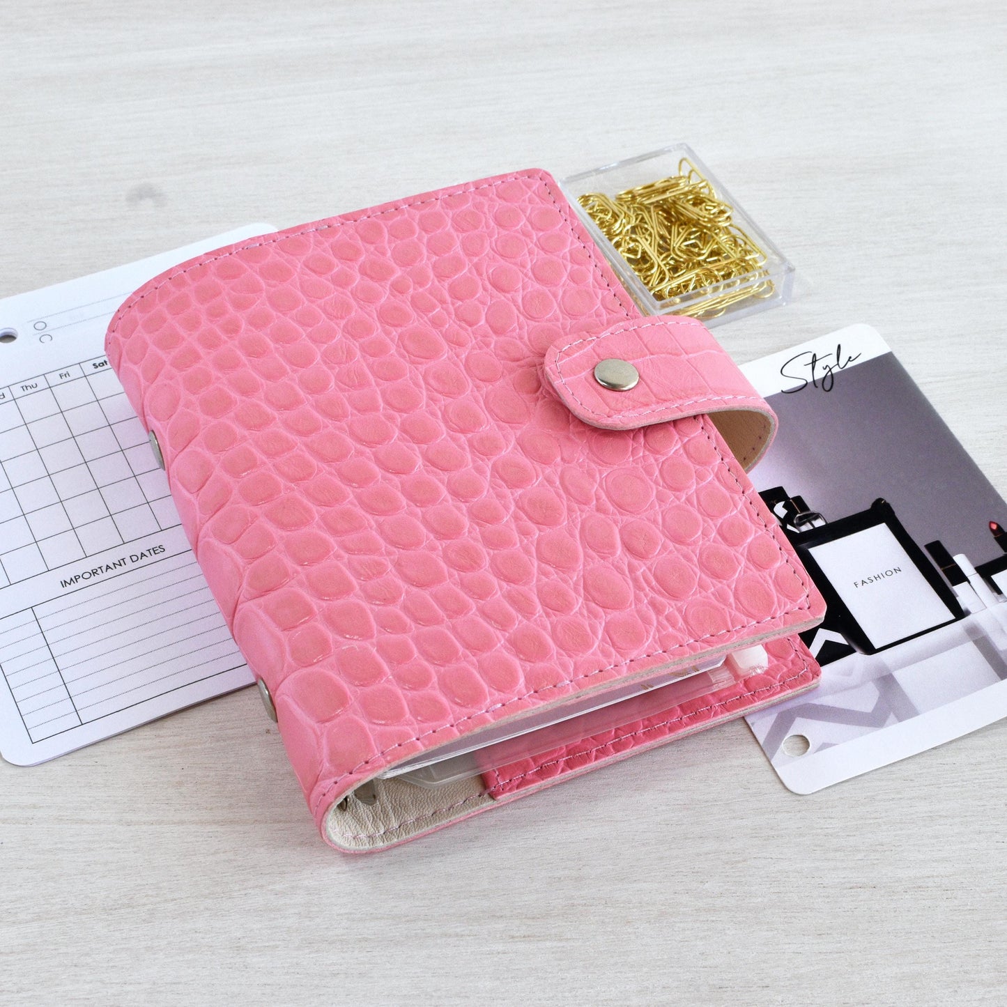 Leather Ring Binder - Pink Notebook Organizer (Pocket Size)
